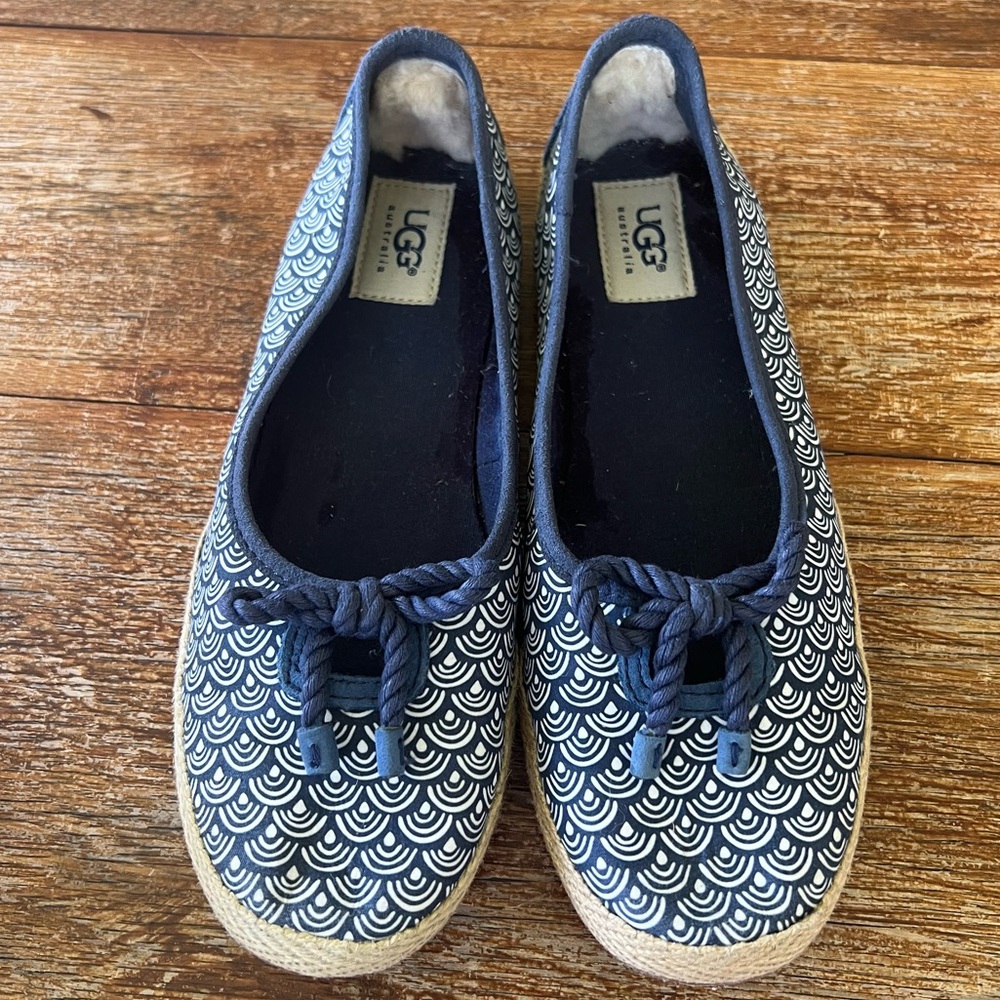 UGG SYLESTE Canvas LAMB FUR ESPADRILLE SCALLOP FLATS Blue Slip On Shoes Size 8